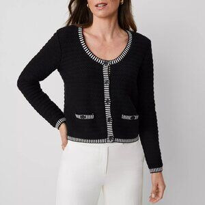 New Ann Taylor 100% Cotton Geo Contrast Stitch Cardigan Black White Large $149